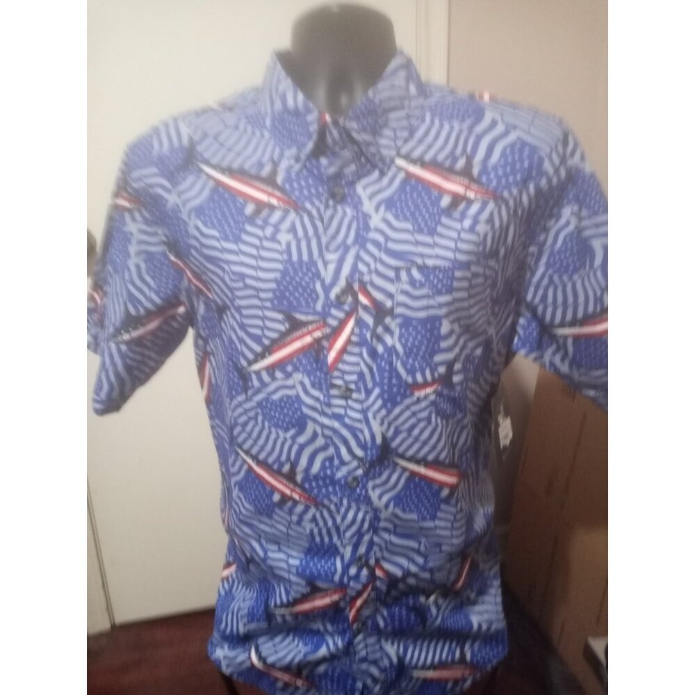 New Magellan Outdoors Men's Hawaiian Shirt American Flag Marlin Sz M Blue